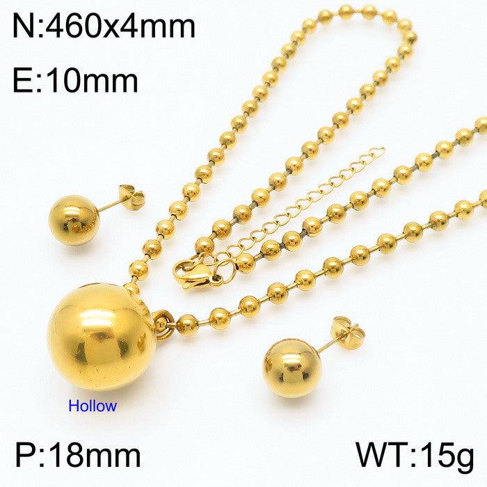 Stainless Steel Hollow Chunky Ball Stud Earrings Pendant Necklace Set For Women - kalen