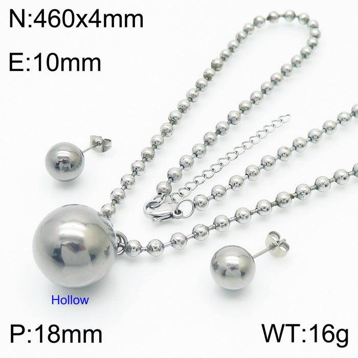 Stainless Steel Hollow Chunky Ball Stud Earrings Pendant Necklace Set For Women - kalen