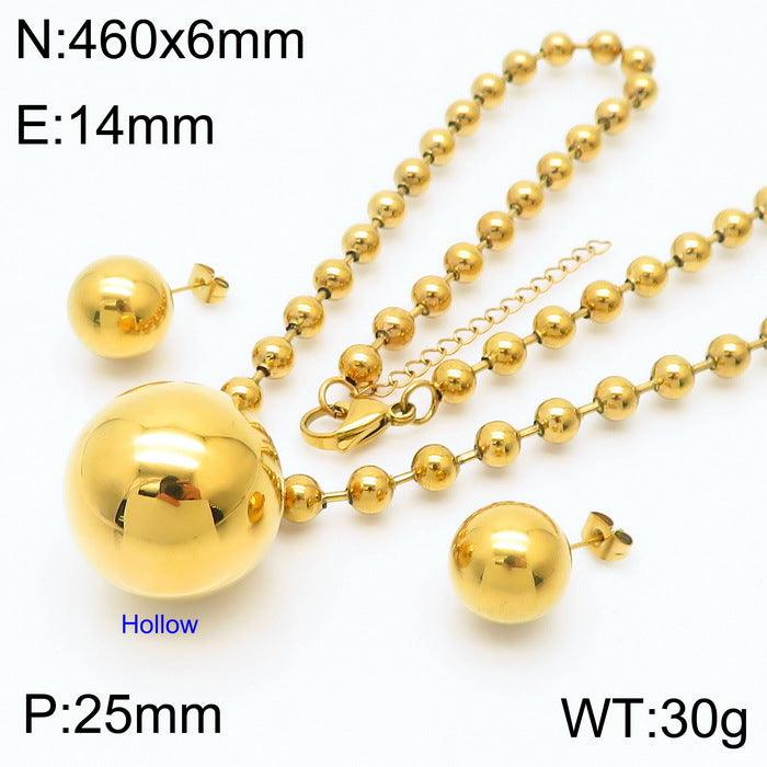 Stainless Steel Hollow Chunky Ball Stud Earrings Pendant Necklace Set For Women - kalen