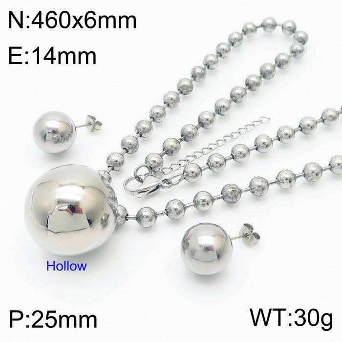 Stainless Steel Hollow Chunky Ball Stud Earrings Pendant Necklace Set For Women - kalen