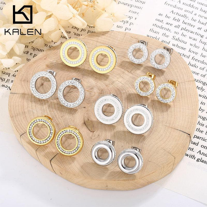 Stainless Steel Laser Cutting Clay Zircon Round Stub Earrings - kalen