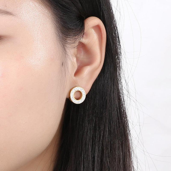 Stainless Steel Laser Cutting Clay Zircon Round Stub Earrings - kalen