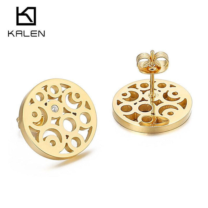 Stainless Steel Laser Cutting Enamel Zircon Heart Round Stub Earrings - kalen