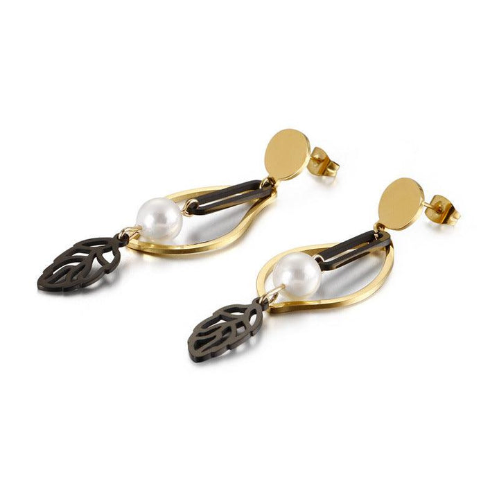 Stainless Steel Leaf Peal Drop Earrings - kalen