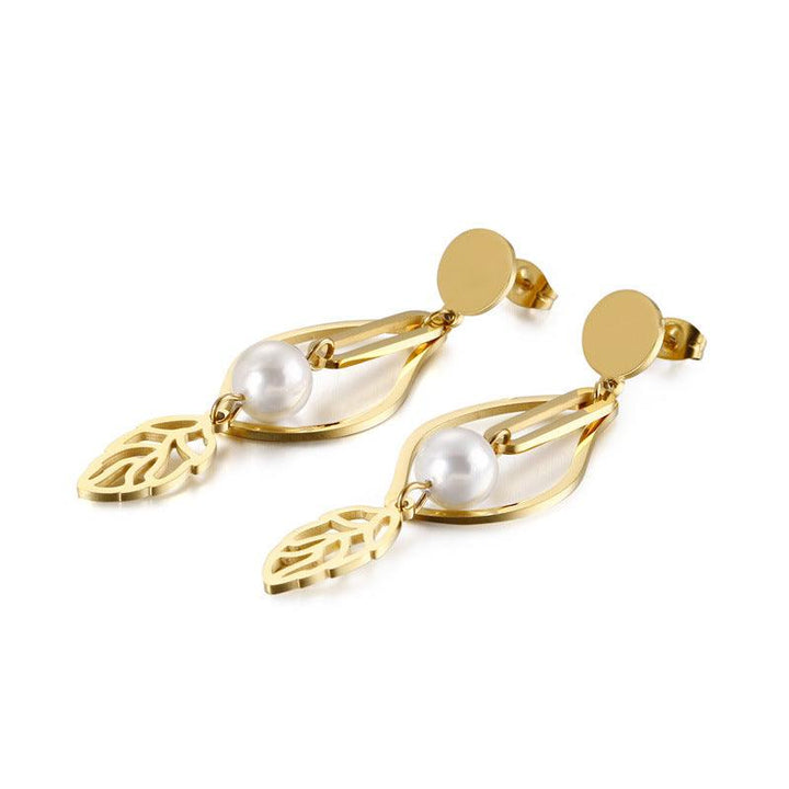 Stainless Steel Leaf Peal Drop Earrings - kalen