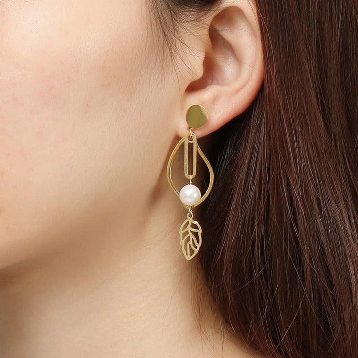 Stainless Steel Leaf Peal Drop Earrings - kalen