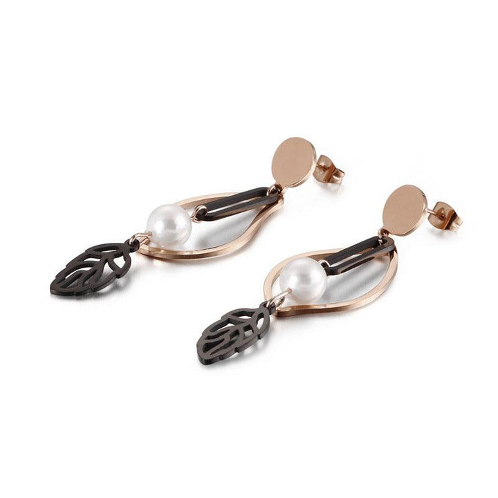 Stainless Steel Leaf Peal Drop Earrings - kalen