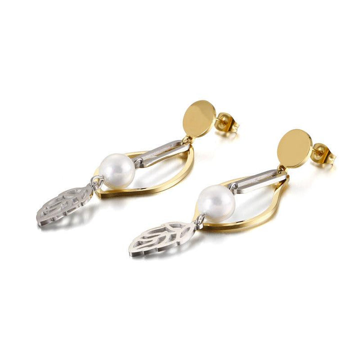 Stainless Steel Leaf Peal Drop Earrings - kalen