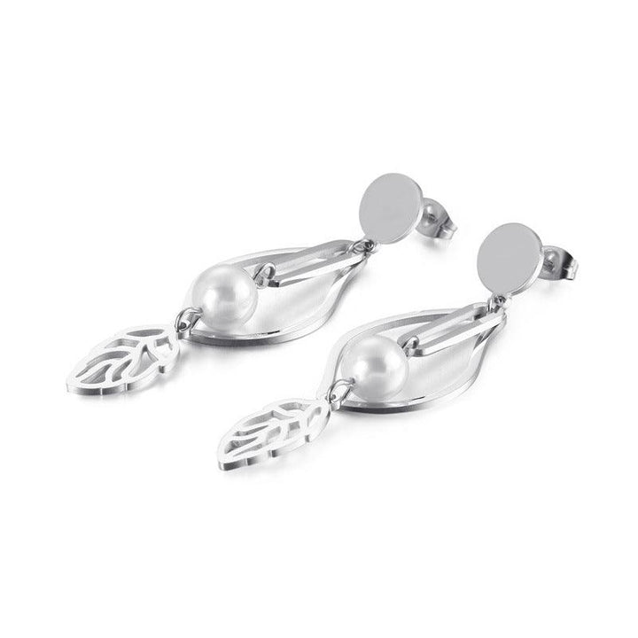 Stainless Steel Leaf Peal Drop Earrings - kalen