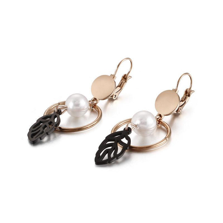 Stainless Steel Leaf Pearl Drop Earrings - kalen