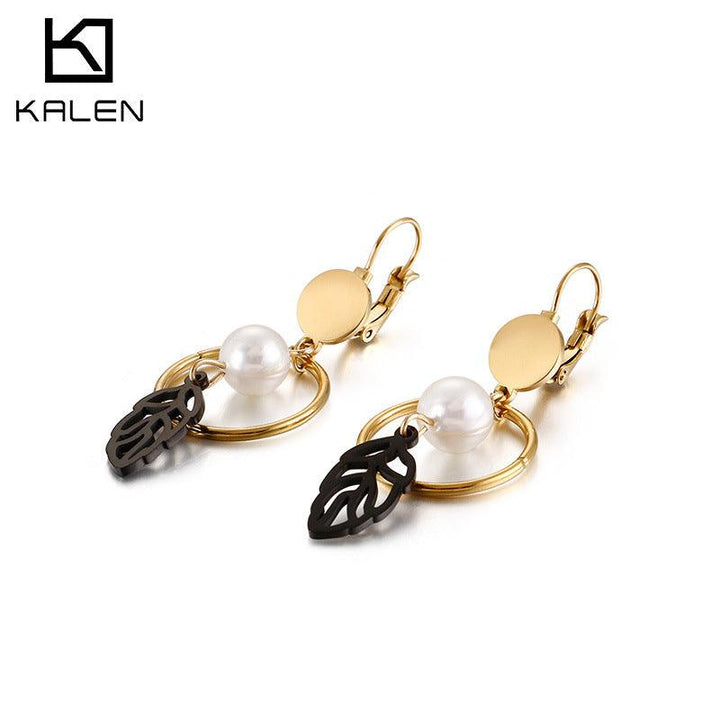 Stainless Steel Leaf Pearl Drop Earrings - kalen