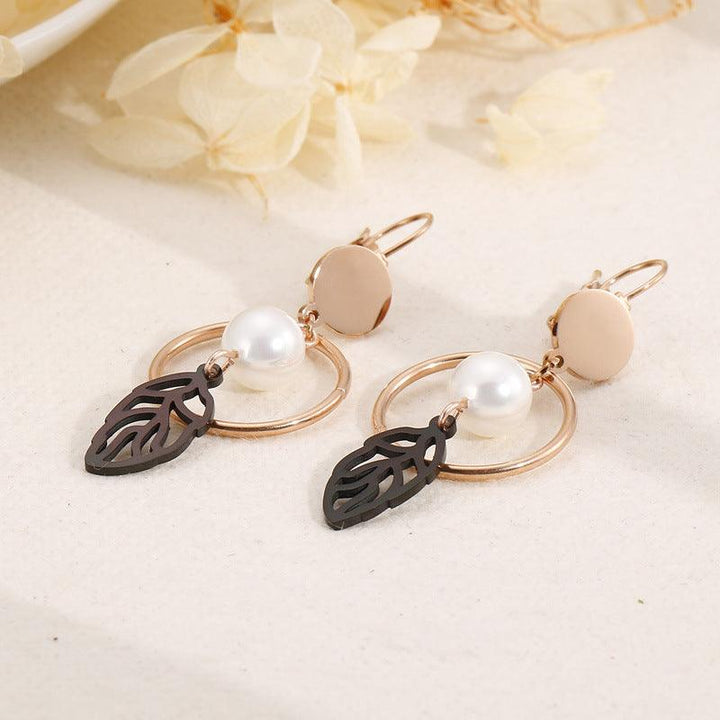 Stainless Steel Leaf Pearl Drop Earrings - kalen