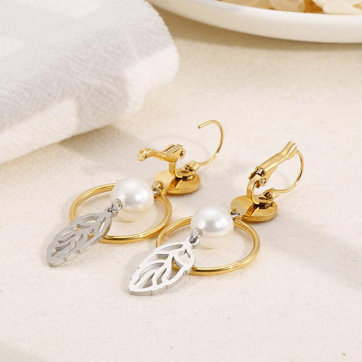 Stainless Steel Leaf Pearl Drop Earrings - kalen