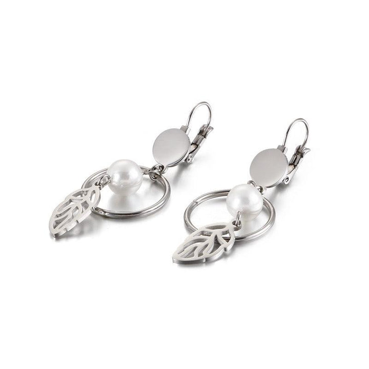 Stainless Steel Leaf Pearl Drop Earrings - kalen