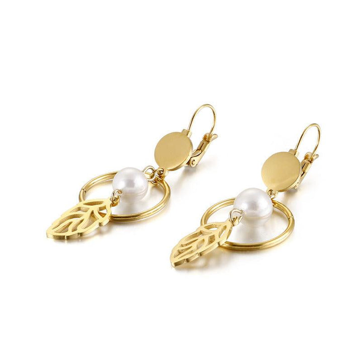 Stainless Steel Leaf Pearl Drop Earrings - kalen