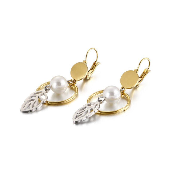 Stainless Steel Leaf Pearl Drop Earrings - kalen