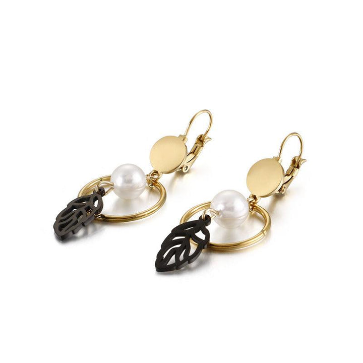 Stainless Steel Leaf Pearl Drop Earrings - kalen