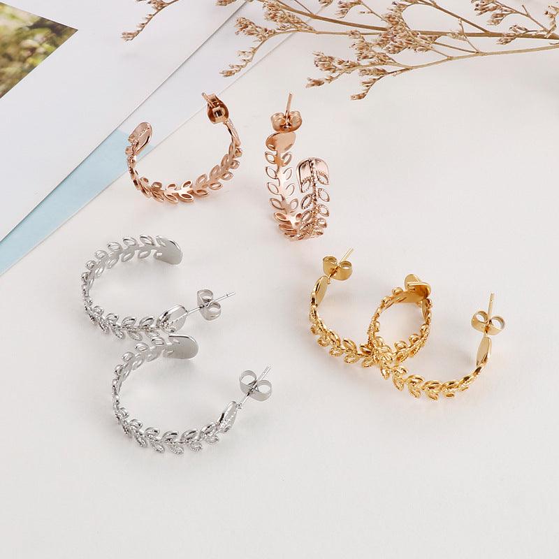 Stainless Steel Olive Branch C-Shape Stub Earrings - kalen