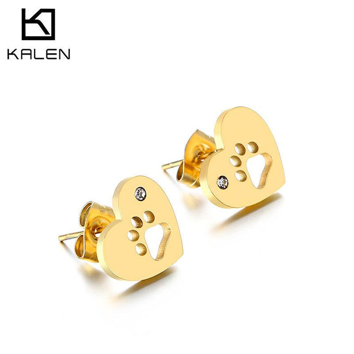 Stainless Steel Paw Zircon Heart Stub Earrings - kalen