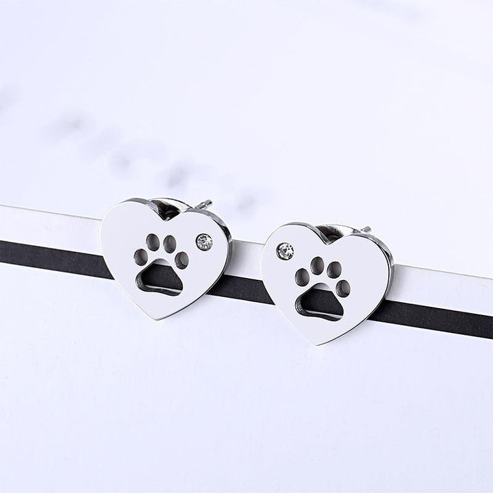 Stainless Steel Paw Zircon Heart Stub Earrings - kalen