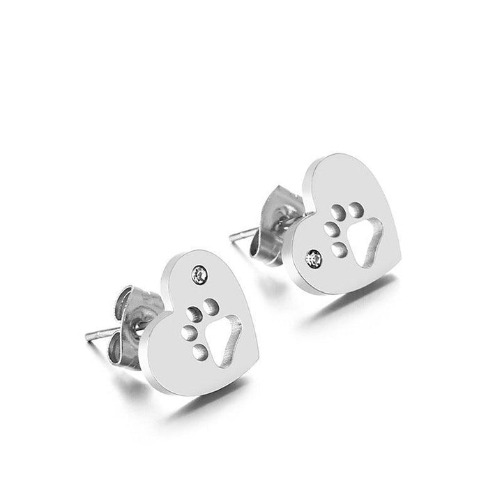 Stainless Steel Paw Zircon Heart Stub Earrings - kalen