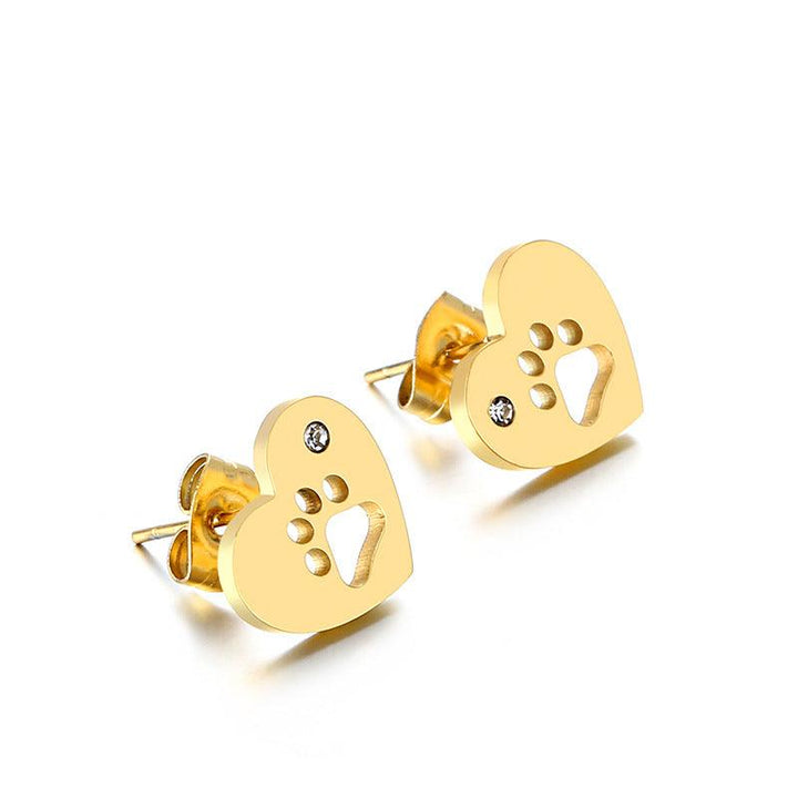 Stainless Steel Paw Zircon Heart Stub Earrings - kalen