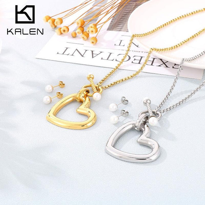 Stainless Steel Pearl Heart Stub Earrings Heart Necklace Set - kalen