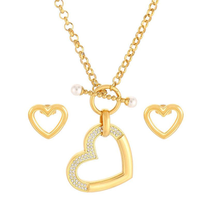 Stainless Steel Pearl Heart Stub Earrings Heart Necklace Set - kalen