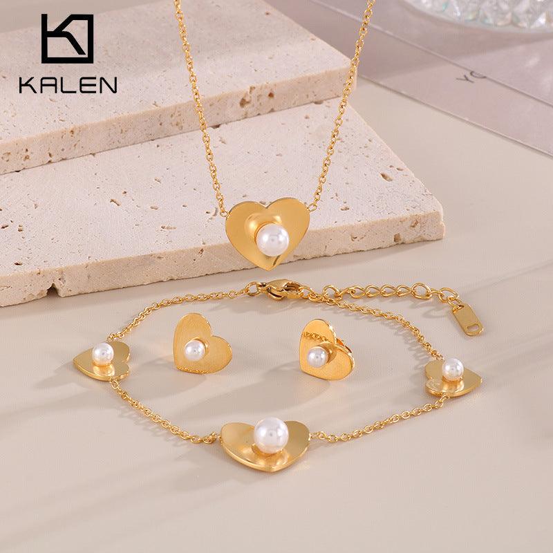 Stainless Steel Pearl Stub Earrings Pearl Heart Charm Bracelet Pendant Necklace Set - kalen