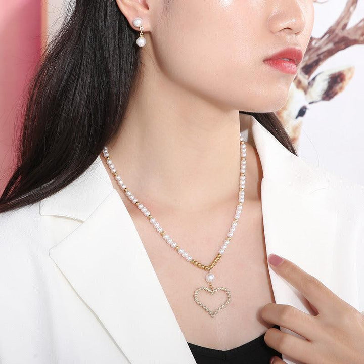 Stainless Steel Pearl Stub Earrings Pearl Heart Pendant Necklace set - kalen
