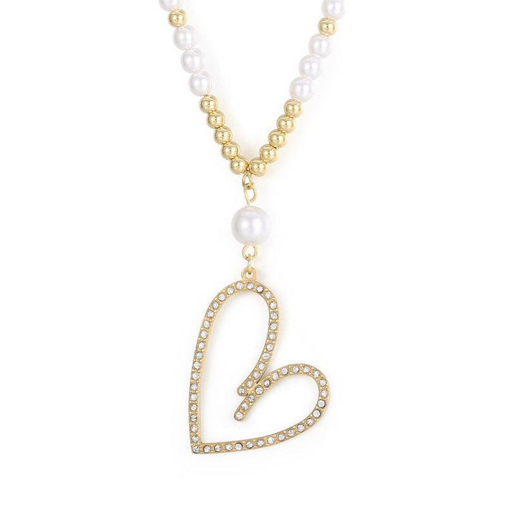 Stainless Steel Pearl Stub Earrings Pearl Heart Pendant Necklace set - kalen