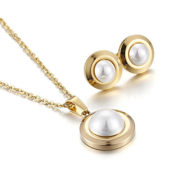 Stainless Steel Pearl Stub Earrings Pearl Pendant Necklace - kalen