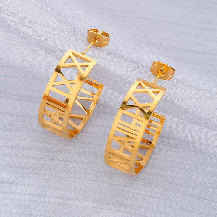 Stainless Steel Roman Numerals C-Shape Stub Earrings - kalen