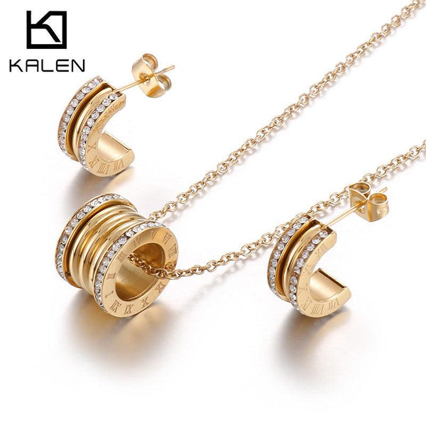 Stainless Steel Roman Numerals Zircon C-Shape Stub Earrings Pendant Necklace - kalen