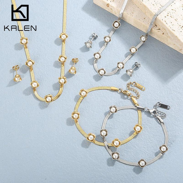 Stainless Steel Round Bead Heart Pearl Stub Earrings Pendant Necklace Bracelet Set - kalen
