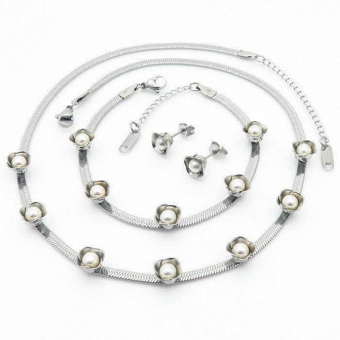 Stainless Steel Round Bead Heart Pearl Stub Earrings Pendant Necklace Bracelet Set - kalen