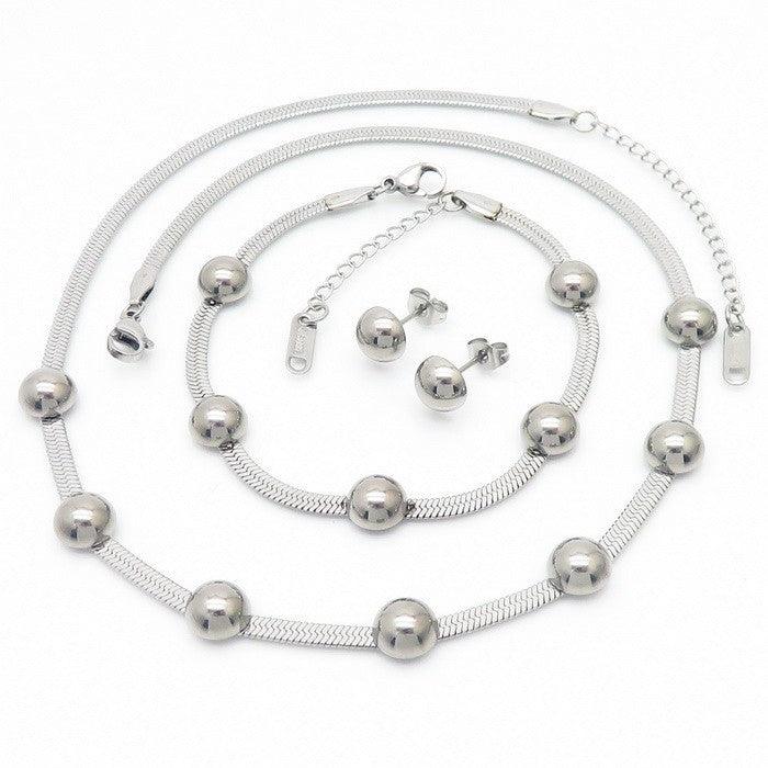 Stainless Steel Round Bead Heart Pearl Stub Earrings Pendant Necklace Bracelet Set - kalen