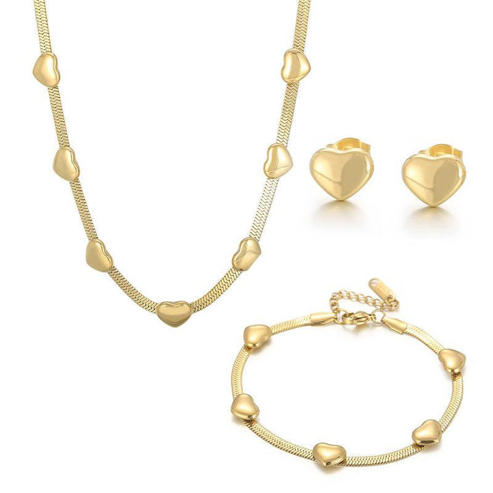 Stainless Steel Round Bead Heart Pearl Stub Earrings Pendant Necklace Bracelet Set - kalen