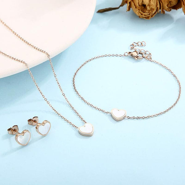 Stainless Steel Shell Heart Stud Earrings Heart Charm Pendant Necklace Bracelet Set - kalen
