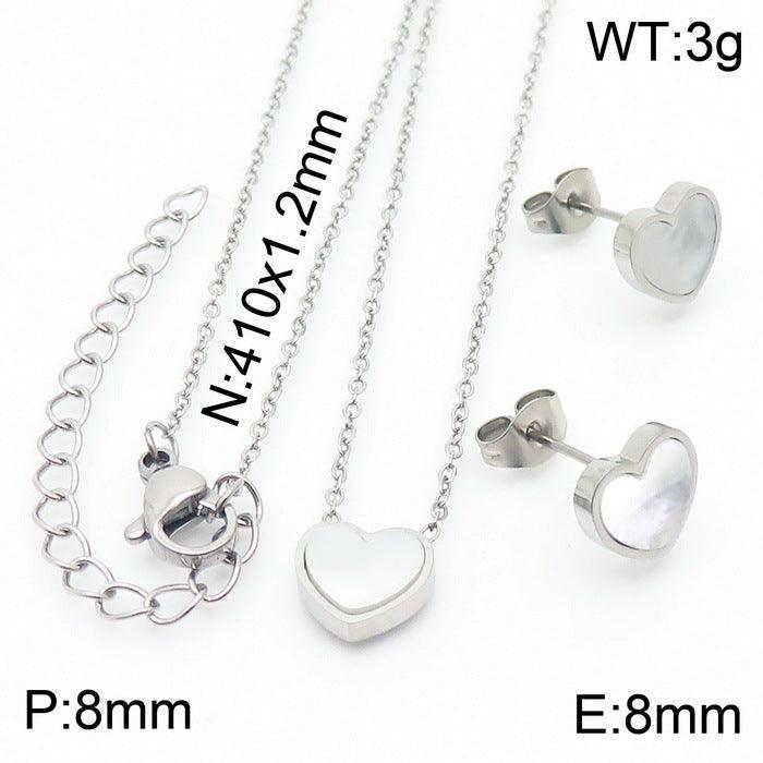 Stainless Steel Shell Heart Stud Earrings Heart Charm Pendant Necklace Bracelet Set - kalen