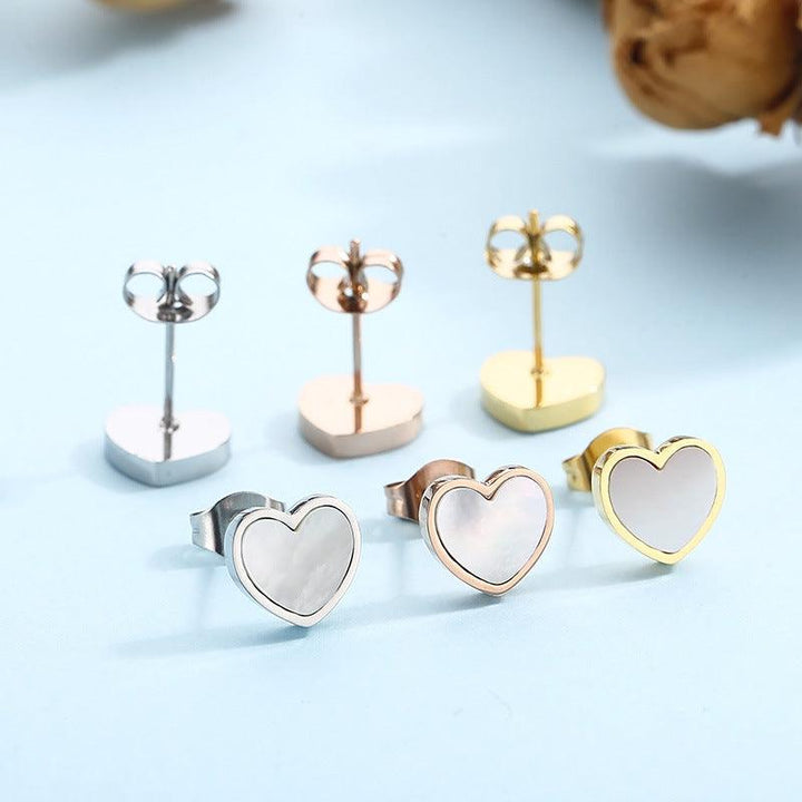 Stainless Steel Shell Heart Stud Earrings Heart Charm Pendant Necklace Bracelet Set - kalen