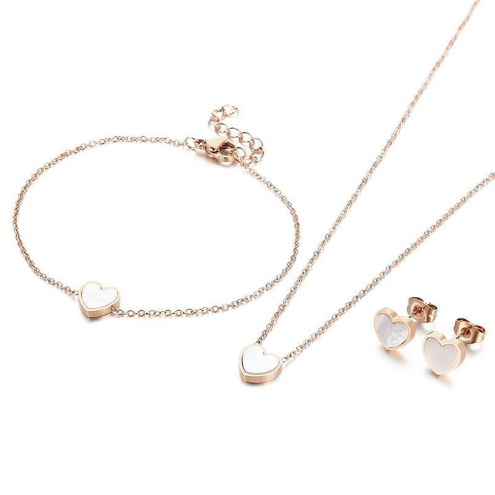 Stainless Steel Shell Heart Stud Earrings Heart Charm Pendant Necklace Bracelet Set - kalen