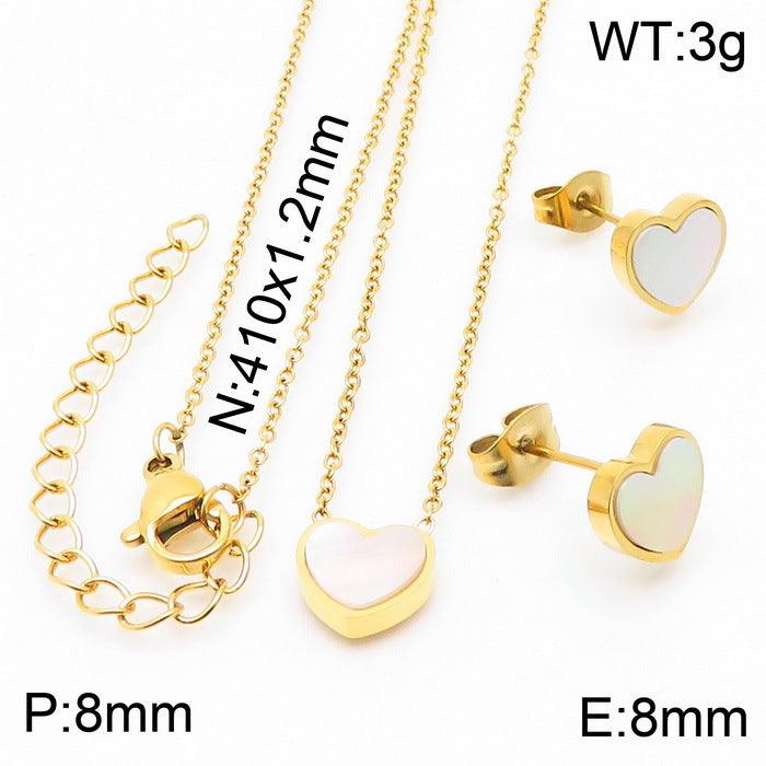 Stainless Steel Shell Heart Stud Earrings Heart Charm Pendant Necklace Bracelet Set - kalen