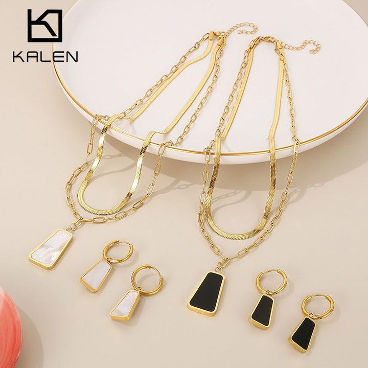 Stainless Steel Shell Hoop Earrings Double Layer Pendant Necklace Set - kalen