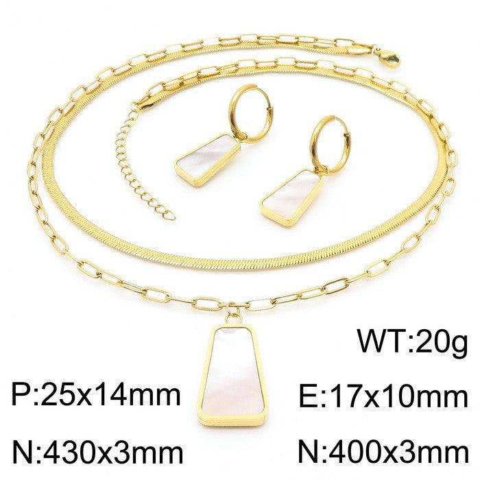 Stainless Steel Shell Hoop Earrings Double Layer Pendant Necklace Set - kalen