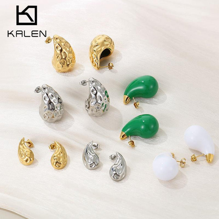 Stainless Steel Waterdrop Hollow Chunky Hammer Enamel Stud Earrings For Women - Wholesale Jewelry