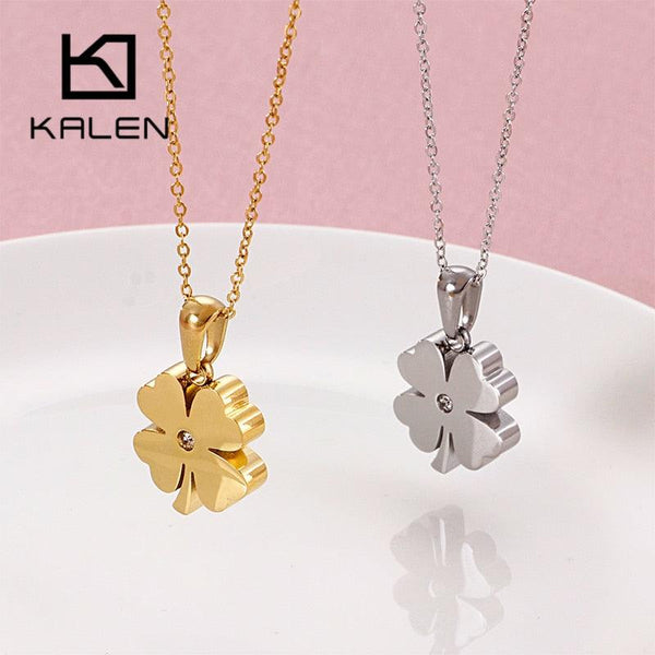 KALEN Fashion 3 Colors Stainless Steel Zircon Chain Necklaces For Women Luckly Four-Leaf Clover Mujer Collares Wedding Jewelry.