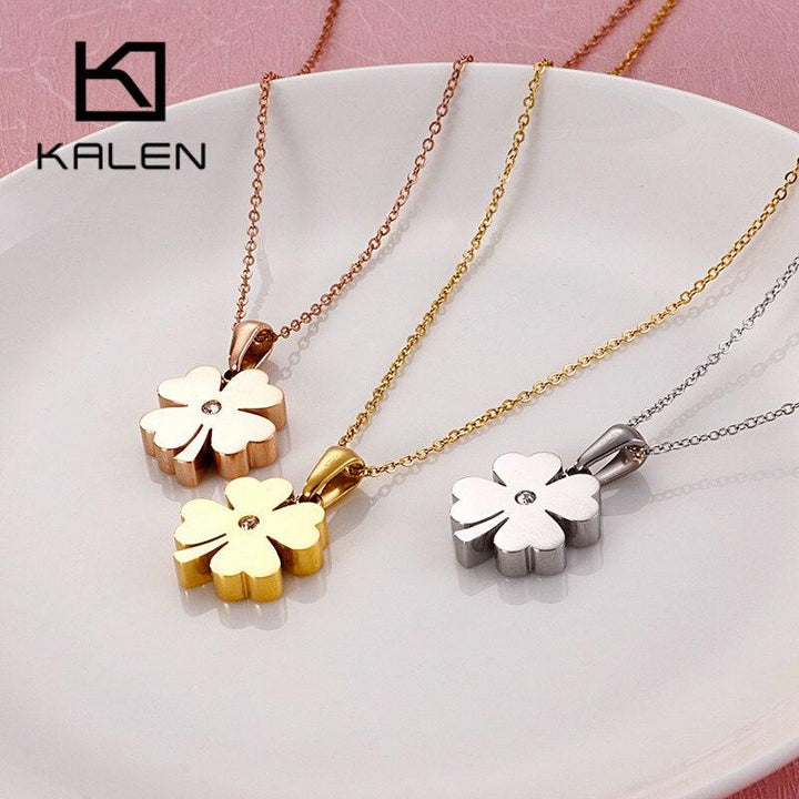 KALEN Fashion 3 Colors Stainless Steel Zircon Chain Necklaces For Women Luckly Four-Leaf Clover Mujer Collares Wedding Jewelry.