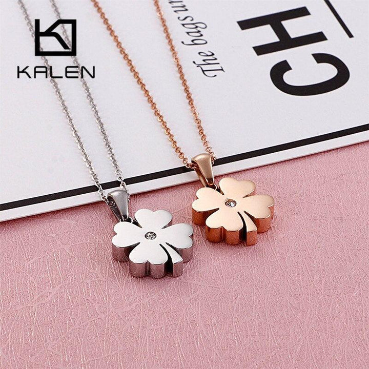 KALEN Fashion 3 Colors Stainless Steel Zircon Chain Necklaces For Women Luckly Four-Leaf Clover Mujer Collares Wedding Jewelry.