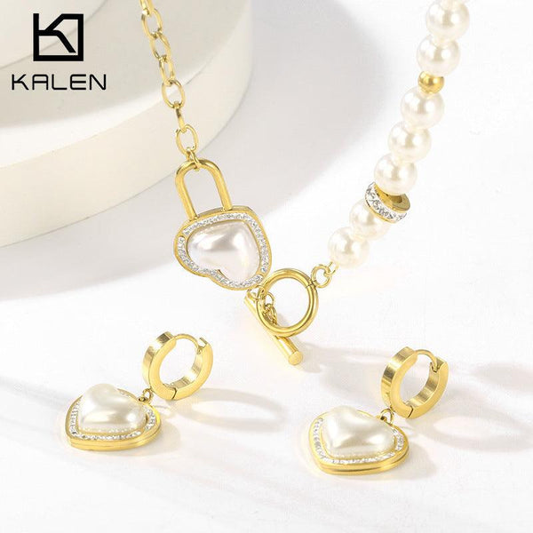 Stainless Steel Zircon Heart Drop Earrings Pendant Necklace - kalen
